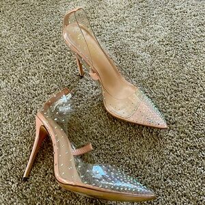 Liliana point toe heels. Beautiful bedazzled style clear nude